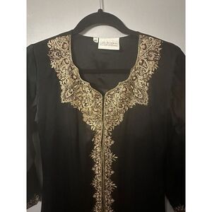 Vintage Loveleen‎ India 100% Silk Dress Black Gold Embroidery Size 42